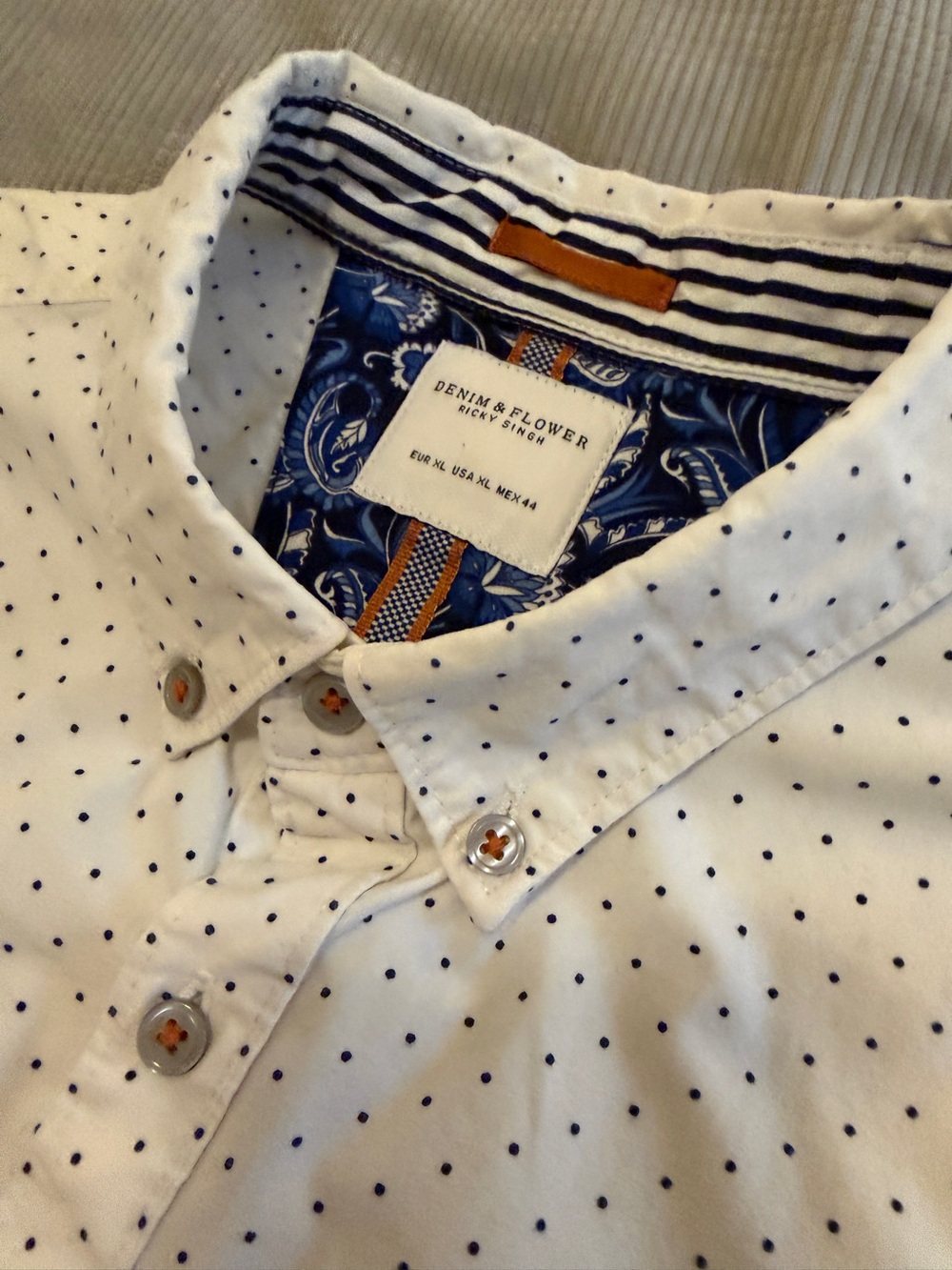 Denim & Flower Ricky Singh Men’s Short Sleeve Shirt – XL – White/Navy Dot